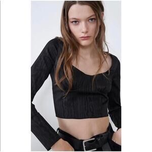 Zara Black Satin Bustier Long Sleeve Cropped Top Size Medium